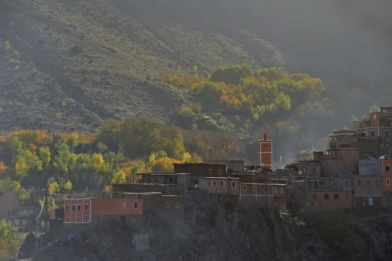 Autumn trees and village houses in Imlil in the High Atlas near Marrakech