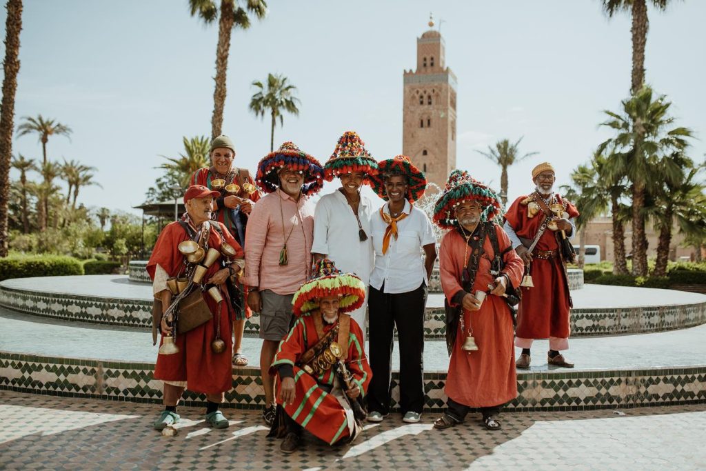 Water sellers near the Koutoubia, end of the 4 day tour from Fes to Marrakech