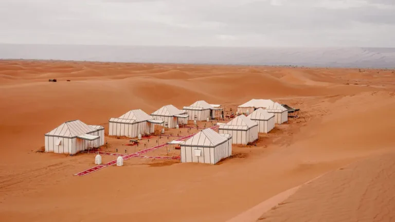 White tents of a desert camp in the Sahara dunes