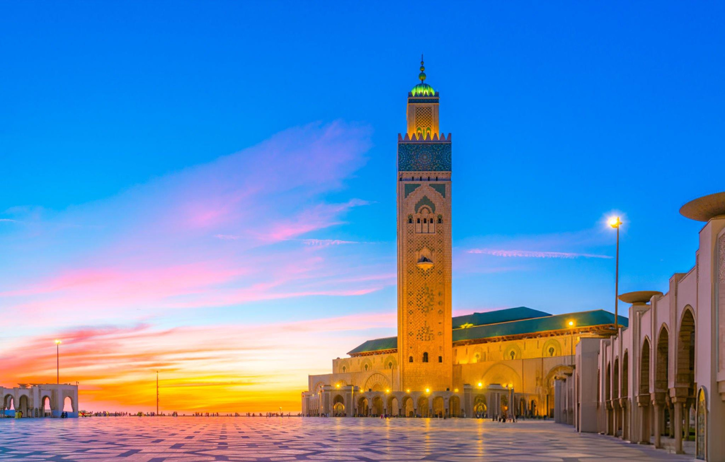 The Hassan II Mosque in Casablanca, Morocco around sunset.