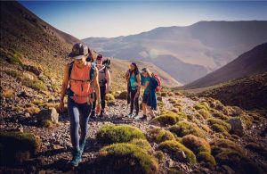 Trekkers climbing in the Atlas Mountains, Morocco
