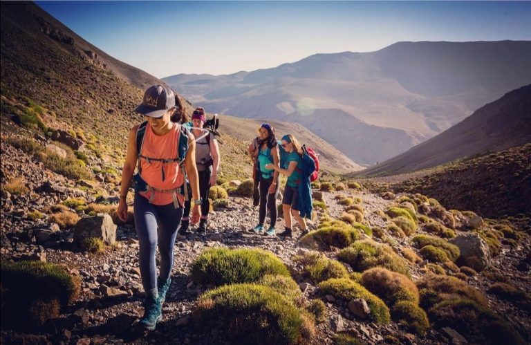 Trekkers climbing in the Atlas Mountains, Morocco