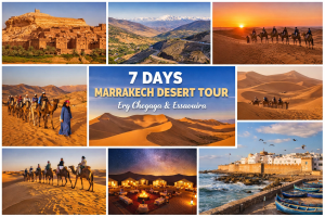 7 Days Marrakech desert tour showing Erg Chegaga dunes, camel trekking, Atlas Mountains and Essaouira coast