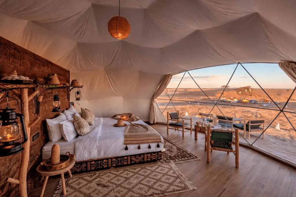 Glamping tent seen at the Agafay desert camp